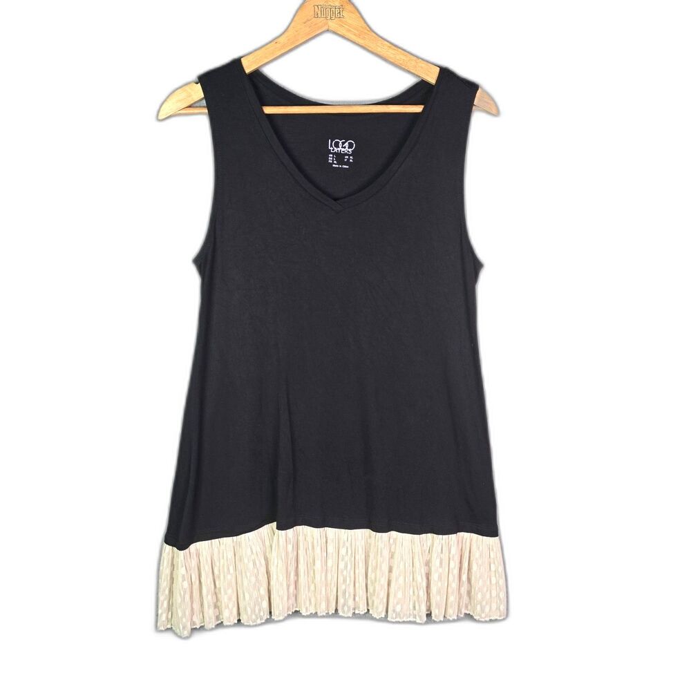 Logo Layers Sleeveless Tunic Black Gold L Longline Pleated Hem Stretch